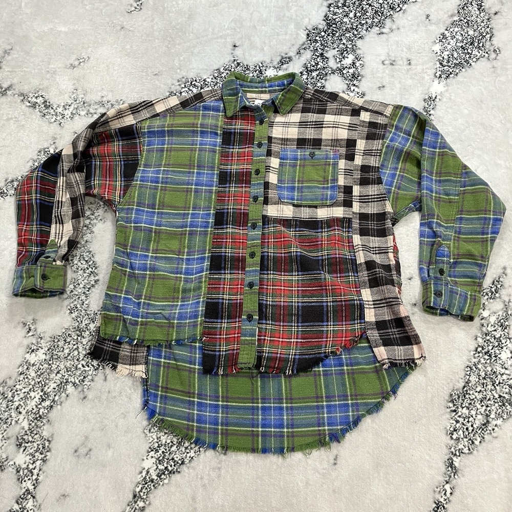BDG Urban Outfitters Patchwork‎ Plaid Flannel Shirt Frayed Hem Button Front SP